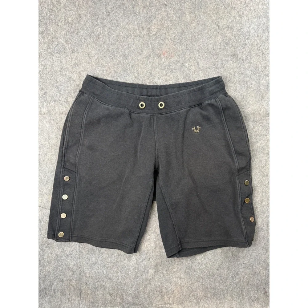 True Religion Sweat Shorts Mens Large Black Cotton Snap Side Logo Casual Y2K L